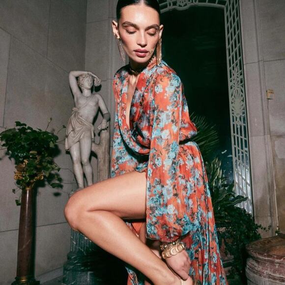 CAROLINE CONSTAS 100% Silk Orange Teal Floral Vivian V-Neckline Dress Size Large - Picture 1 of 16